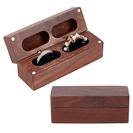 PandaHall Elite 2-Slot Rectangle Black Peach Wood Couple Ring Box, Flip Cover Box, with Magnetic Clasps and Alloy Findings, for Wedding, Black, 3.2x9.65x3.75cm