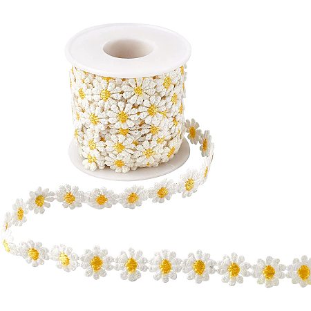 NBEADS 1 Roll 7.5 Yards Flower Lace Edging Trim Ribbon, 15mm Wide Polyester Daisy Ribbon Appliques Sewing Embroidery Crafts with Plastic Spool for Wedding Dress Hair Band Clothes, Dark Yellow