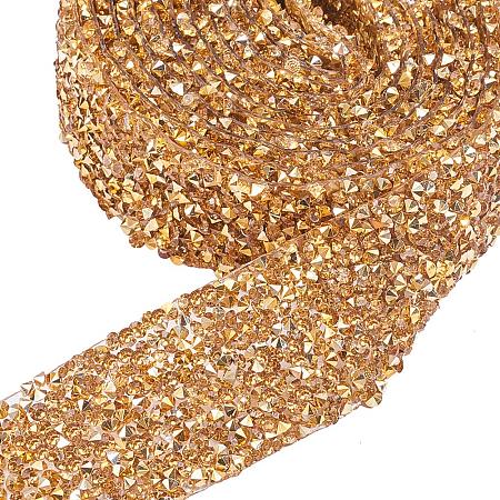 BENECREAT 2 Yard 3cm Width Crystal Rhinestone Ribbon Hot Fix Glitter Dress Diamond Ribbon Mesh Wrap Roll with 3mm Rhinestones for Trimming Cloth Bags Decoration, Gold