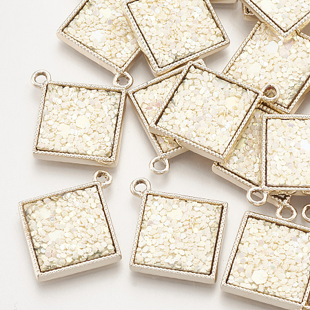 Alloy Pendants, with Sequins/ Paillettes, Rhombus, Golden, Light Yellow, 26x22x2.5mm, Hole: 2mm