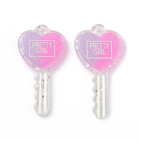 Honeyhandy Two Tone Resin Big Pendants, Glitter Powder, Heart Key with Word PRETTY GIRL, Mauve, 59x30x6mm, Hole: 2.3mm