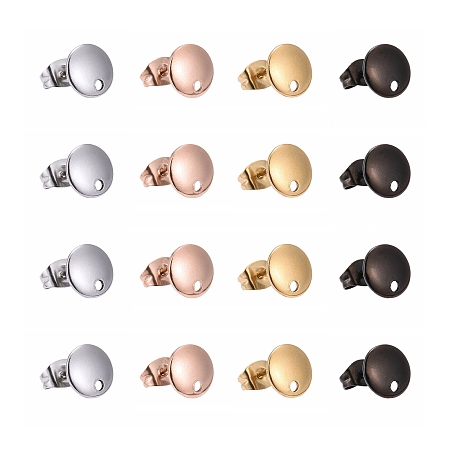 Arricraft 24Pcs 4 Colors Stainless Steel Stud Earring Findings, with Ear Nuts and Loop, Flat Round, Mixed Color, 8x1mm, Hole: 1.5mm, Pin: 0.7mm, 4 colors, 6pcs/color, 24pcs/box