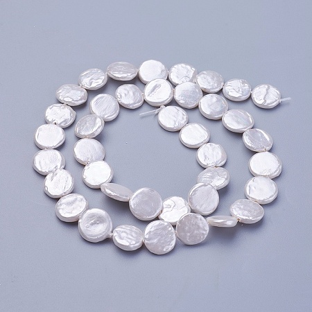Honeyhandy Shell Pearl Beads Strands, Flat Round, Snow, 10~13.5x2.5~3mm, Hole: 0.5mm, about 29~32pcs/strand, 15.55 inch~15.94 inch(39.5~40.5cm)