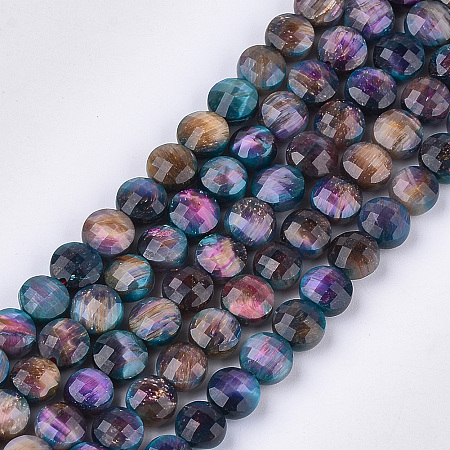 ARRICRAFT Natural Tiger Eye Beads Strands, Dyed, Faceted, Flat Round, Colorful, 8~8.5x5.5mm, Hole: 1.2mm; about 46~47pcs/strand, 14.9 inches~15.1 inches