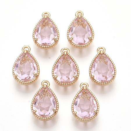 Honeyhandy Transparent Glass Pendants, with Golden Tone Brass Findings, Faceted, Teardrop, Pearl Pink, 19x12x8.5mm, Hole: 1.5mm