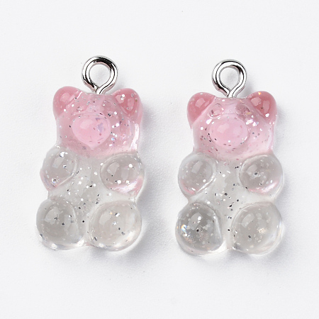 Honeyhandy Transparent Resin Pendants, with Glitter Powder and Platinum Tone Iron Loop, Bear, Pink, 21x11x7mm, Hole: 1.8mm