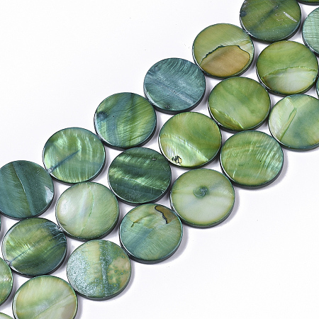 Honeyhandy Freshwater Shell Beads Strands, Dyed, Flat Round, Dark Green, 19.5~20.5x2.5~3.5mm, Hole: 1mm, about 20pcs/Strand, 15.63 inch~16.02 inch