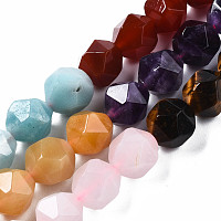 ARRICRAFT Chakra Theme Natural Tiger Eye & Rose Quartz & Amethyst & Topaz Jade & Red Agate & Amazonite & Sodalite Beads Strands, Star Cut Round Beads, Faceted, 10x9~10mm, Hole: 1mm, about 39pcs/strand, 15.55 inch(39.5cm)