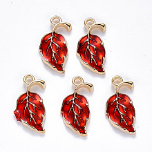 Honeyhandy Alloy Enamel Pendants, Leaf, Light Gold, Red, 20x10x2mm, Hole: 1.6mm