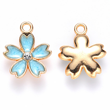 Honeyhandy Alloy Enamel Pendants, with Crystal Rhinestone, Sakura Flower, Light Gold, Sky Blue, 17x14x3mm, Hole: 1.8mm