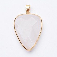 Honeyhandy Faceted Natural Quartz Crystal Pendants, Rock Crystal Pendants, with Golden Tone Brass Findings, teardrop, 40x27x7~9mm, Hole: 4x5mm