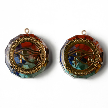 Honeyhandy Flat Round Epoxy Resin Pendants, with Natural Amethyst & Lapis Lazuli & Sodalite & Green Aventurine & Tiger Eye & Carnelian & Red Jasper Chips inside, and Brass Sticker, Eye of Horus Pattern, 39.5x35x10.5~11.5mm, Hole: 1.8mm