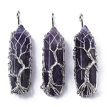 Honeyhandy Natural Amethyst Big Wire Wrapped Pendants, with Brass Wires, prismatic with Tree of Life, Platinum, 48~62x14~17x13~18mm, Hole: 4x5~6mm