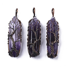 Honeyhandy Natural Amethyst Big Wire Wrapped Pendants, with Brass Wires, prismatic with Tree of Life, Red Copper, 48~62x14~17x13~18mm, Hole: 4x5~6mm