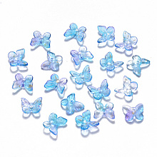 Honeyhandy Two Tone Transparent Spray Painted Glass Charms, with Glitter Powder, Butterfly, Dodger Blue, 9.5x11x3mm, Hole: 0.8mm