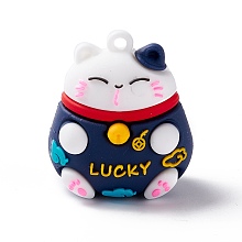 Honeyhandy PVC Cartoon Lucky Cat Doll Pendants, for Keychains, Maneki Neko, Marine Blue, 37x32x27mm, Hole: 3mm