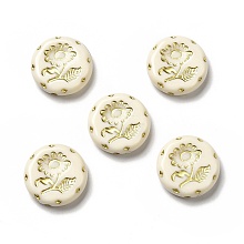 UV Plating Acrylic Beads, Golden Metal Enlaced, Flat Round with Flower, Old Lace, 18x4mm, Hole: 1.6mm, about 399pcs/500g