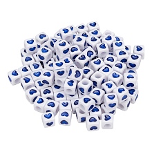 Honeyhandy Opaque White Acrylic European Beads, Large Hole Beads, Cube with Heart Pattern, Blue, 7x7x7mm, Hole: 4mm, 100Pcs/Bag