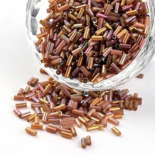 Honeyhandy Glass Bugle Beads, Transparent Colours Rainbow, Sienna, 3~5x1.8~2mm, Hole: 0.8mm, about 12000pcs/450g