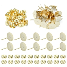 Honeyhandy 20Pcs 304 Stainless Steel Stud Earring Findings, Flat Round Pad Base Earring Settings, with 20Pcs Friction Ear Nuts, Golden, 8x0.3mm, Pin: 0.7mm