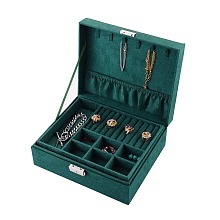 Honeyhandy Velvet & Wood Jewelry Boxes, Portable Jewelry Storage Case, with Alloy Lock, for Ring Earrings Necklace, Rectangle, Sea Green, 23.1x18.7x9.1cm