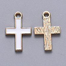 Honeyhandy Alloy Enamel Pendants, Cross, Light Gold, White, 16x10x1mm, Hole: 1.6mm