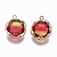 Honeyhandy Two-Tone Faceted Glass Charms, with Brass Prong Settings, Flat Round, Light Gold, Cerise, 14x12x4.5mm, Hole: 1mm