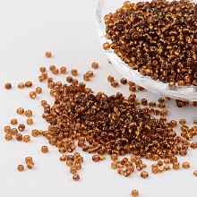 Honeyhandy 12/0 Glass Seed Beads, Silver Lined Round Hole, Round, Dark Goldenrod, 2mm, Hole: 1mm, about 3306pcs/50g