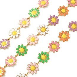 Honeyhandy 304 Stainless Steel Daisy Flower Link Chains with Enamel, Unwelded, with Spool, Golden, Colorful, 14x10x1mm, about 3.28 Feet(1m)/Roll