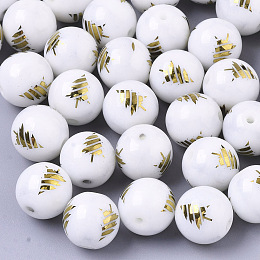 Honeyhandy Christmas Opaque Glass Beads, Round with Electroplate Christmas Tree Pattern, Golden Plated, 10mm, Hole: 1.2mm