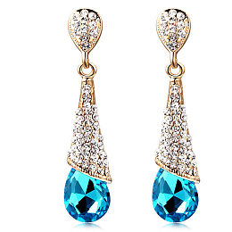 Honeyhandy Real 18K Gold Plated Brass Rhinestone Teardrop Stud Earrings, Blue Zircon, 46x10mm