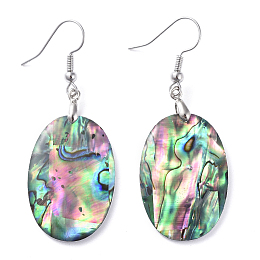 Honeyhandy Abalone Shell/Paua Shell Dangle Earrings, with Brass Ice Pick Pinch Bails and Earring Hooks, Oval, Platinum, 53mm, Pin: 0.7mm