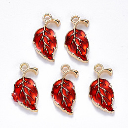 Honeyhandy Alloy Enamel Pendants, Leaf, Light Gold, Red, 20x10x2mm, Hole: 1.6mm