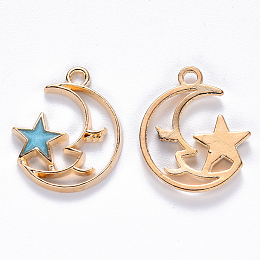 Honeyhandy Alloy Enamel Pendants, Moon with Star, Light Gold, Deep Sky Blue, 19x17x2mm, Hole: 1.6mm