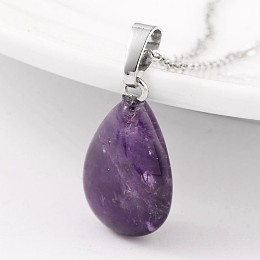 Honeyhandy Teardrop Platinum Tone Brass Amethyst Pendants, 23x13~14x6~8mm, Hole: 5x8mm