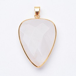 Honeyhandy Faceted Natural Quartz Crystal Pendants, Rock Crystal Pendants, with Golden Tone Brass Findings, teardrop, 40x27x7~9mm, Hole: 4x5mm