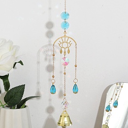 Honeyhandy Faceted Glass Teardrop & Octagon Hanging Suncatcher, Iron Bell Wind Chime, with Jump Ring, Evil Eye Pattern, 300x2mm, Hole: 10mm, Pendant: 210x39.5x24.5mm