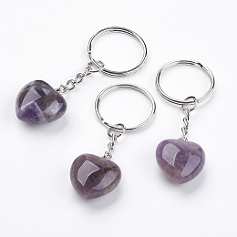 Honeyhandy Natural Amethyst Keychain, with Platinum Iron Findings, Heart, 72mm