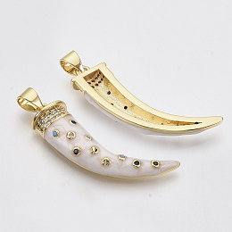 Honeyhandy Brass Micro Pave Cubic Zirconia Pendants, with Enamel and Brass Snap on Bails, Scabbard/Tusk, Real 18K Gold Plated, Creamy White, 28x9x5mm, Hole: 3x5mm