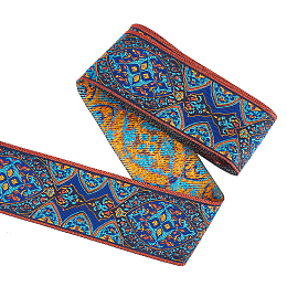 FINGERINSPIRE Ethnic 5M Style Embroidery Polycotton Ribbons, Jacquard Ribbon, Tyrolean Ribbon, Garment Accessories, Leaf Pattern, Marine Blue, 1-7/8~2 inch(49~50mm), about 5m/Bag