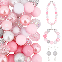 PandaHall Elite 1 Set Mixed Style Acrylic Round Beads Sets, Pink, 19~20mm, Hole: 2mm, about 50pcs/bag