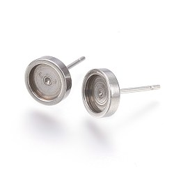 Honeyhandy 304 Stainless Steel Stud Earring Settings, Flat Round, Stainless Steel Color, 8x2mm, Tray: 6mm, Pin: 0.7mm