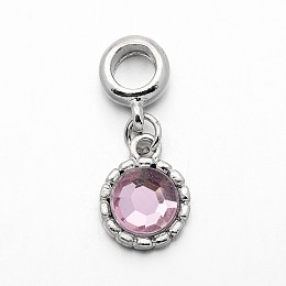 Arricraft Alloy European Dangle Charms, with Acrylic Rhinestone, Flat Round, Platinum, Pink, 27mm, Hole: 5mm