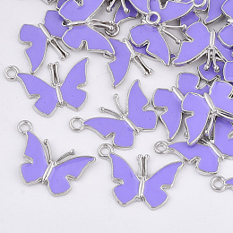 Honeyhandy Alloy Pendants, with Enamel, Butterfly, Platinum, Lilac, 14.5x21x1.5mm, Hole: 1.8mm