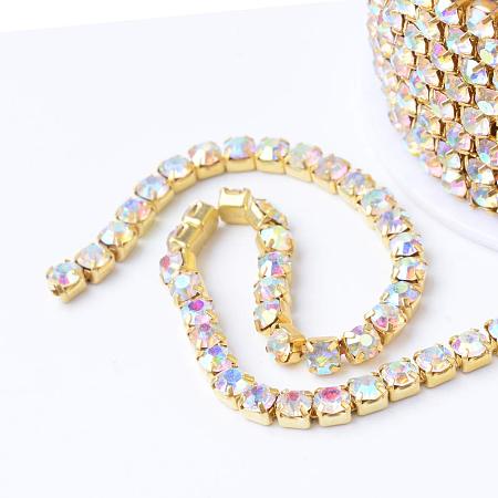 NBEADS 1 Roll 10 Yards 2.8mm Golden Crystal AB Color Rhinestone Close Chain Trimming Claw Chain Jewelry Crafts DIY