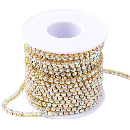 ARRICRAFT 1 Roll 10 Yard 2mm Crystal AB Rhinestone Close Chain Clear Trimming Claw Chain Gold Cup Bead Chain Craft and Decoration Chains for Jewelry, Veil, Vase, Cake, Sewing, Clothing