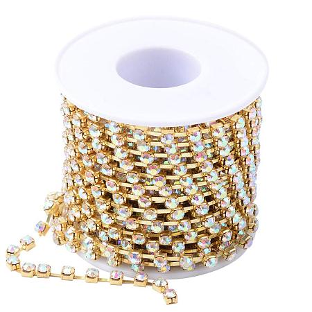 NBEADS 1 Roll 4mm Clear Rhinestone Diamante Golden Plated Crystal AB Color Chain 10 Yard Length Wedding Supplies DIY Sewing Craft Jewelry Making Party Decorations