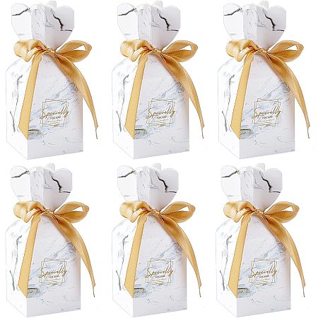 PandaHall Elite 50pcs Marbling Gift Box, Gift Wrap Paper Box Candy Boxes Wedding Party Favor Boxes with Gold Ribbons for Wedding, Anniverary, Birthday, Baby Shower, White, 2x2x5 inch