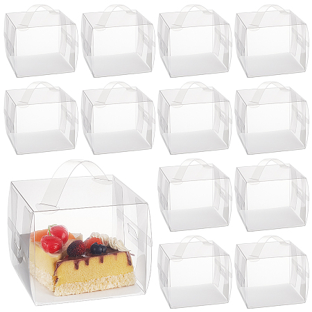 BENECREAT Foldable Transparent Plastic Single Cake Gift Packing Box, Bakery Cake Cupcake Box Container, with Handle and Paper, Square, Clear, Finish Product: 13x13x11cm