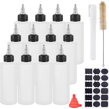 BENECREAT 12 Pack 5oz Plastic Squeeze Dispensing Bottles with Black Twist Cap Glue Bottle with Hopper, Cleaning Brush, Sticker Label and Marker Pen for Crafts, Art, Glue, Multi Purpose